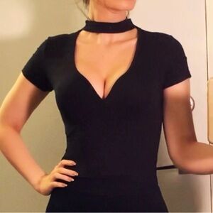 Black Choker V Neck Bodysuit